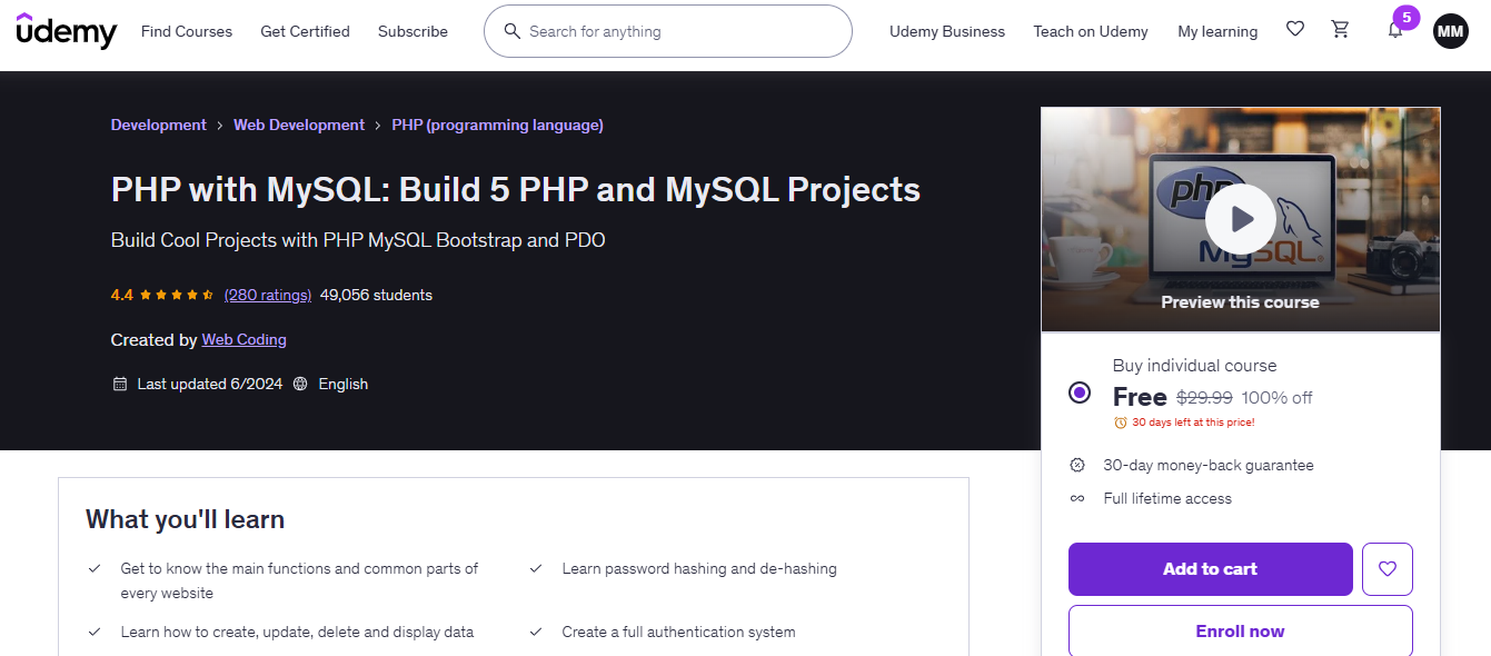 Free Udemy coupon — PHP with MySQL: Build 5 PHP and MySQL Projects, 100% off, 4.5 stars, 49,056 students enrolled