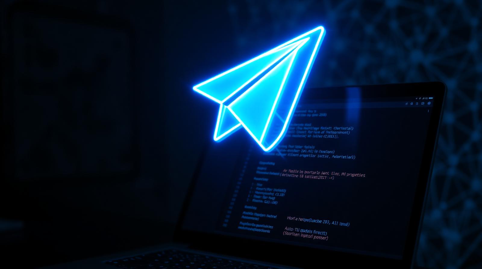 How to create an AI Telegram bot with OpenAI GPT-5 — glowing neon Telegram paper plane above a laptop showing Python bot code, 2026 tutorial